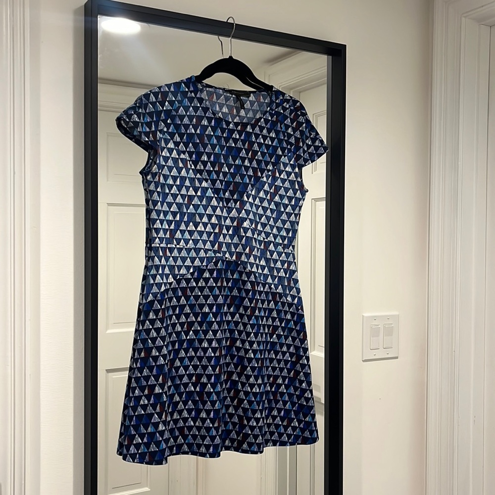 Versatile, blue BCBG dress. Stretchy and patterned, making it an easy go-to.
